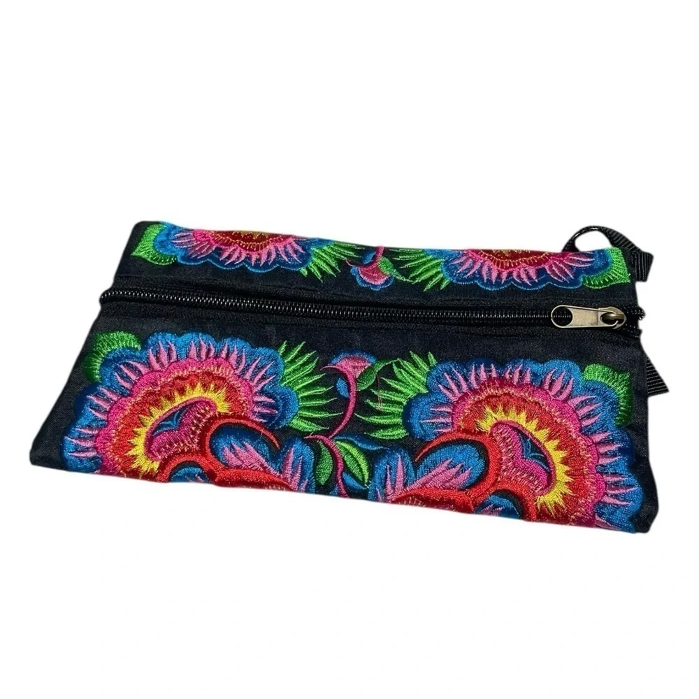 Sabai Jai Floral Embroidered Boho Clutch - Handmade Ethnic Flower Wristlet Purse